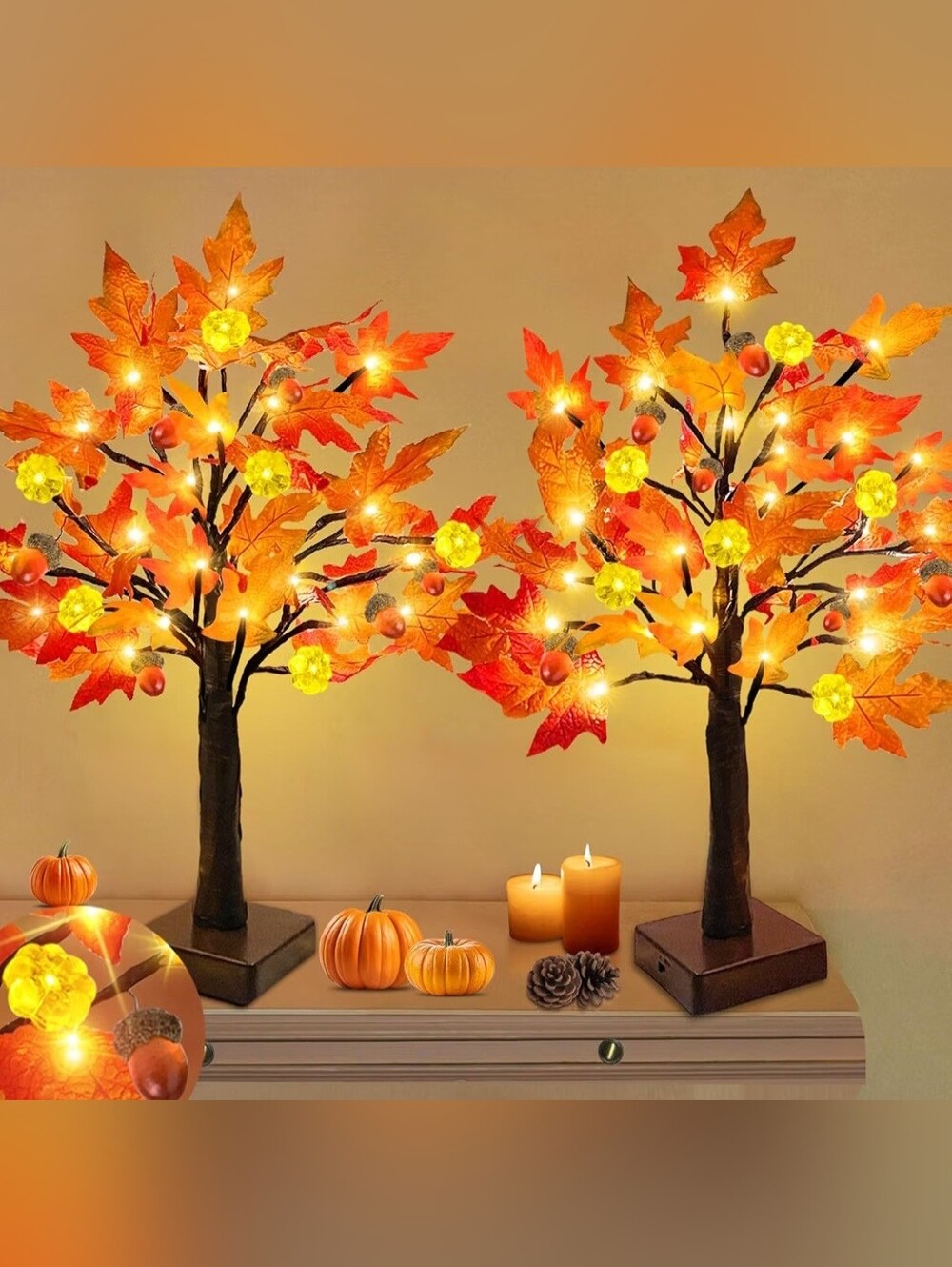 Autumn LED Maple Leaf Table Trees – Orange & Yellow. 2 Piece Set. NWT.